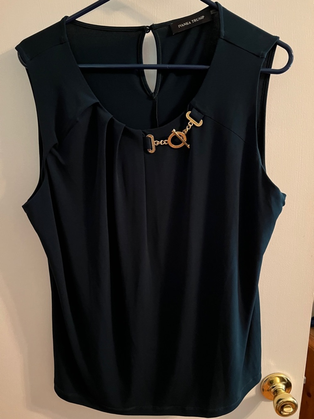 Ivanka Trump Dark Green Sleeveless Top with Gold Chain Accent